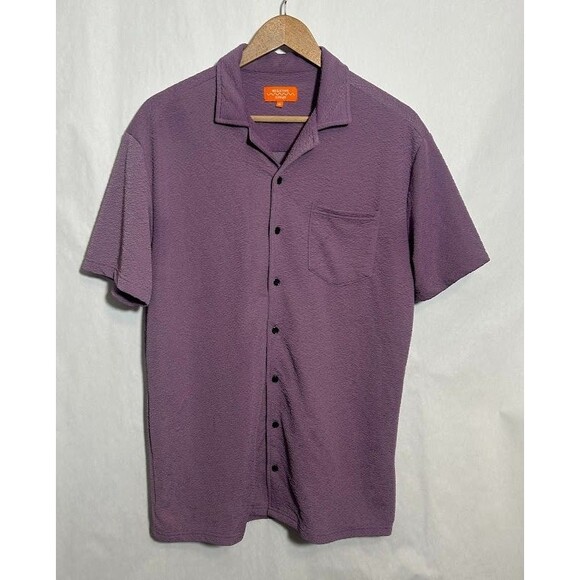 Negative Space Textured Button Up Shirt Men M Purple Short Sleeve Stretch Casual - Picture 2 of 5